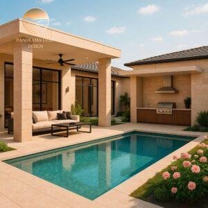 Private backyard with swimming pool, outdoor grill, and covered lounge
