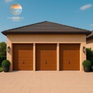 Luxury home garage with three wooden roll-up doors and clean facade