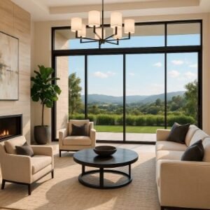 Minimalist living room with large glass doors overlooking green hills