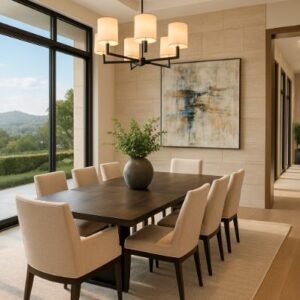 Luxury dining area with eight upholstered chairs and abstract wall painting