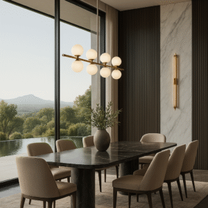 Dining table setup with modern chandelier and nature backdrop.