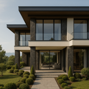 Contemporary two-story home with clean lines, large windows, and minimalist landscaping.
