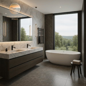 Bathroom with marble vanity, freestanding tub, and panoramic views.
