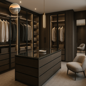 Luxury closet with open wardrobe system and seating.
