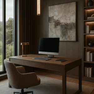 Office with wood finishes, desk, and built-in bookcases.