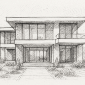 Contemporary two-story home with clean lines, large windows, and minimalist landscaping.