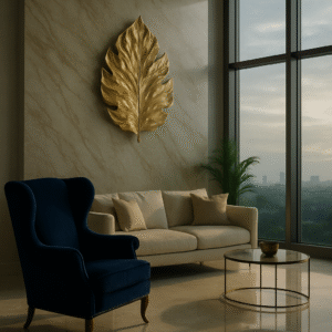 Luxury living room with marble feature wall, gold leaf art, blue velvet chair, and beige sofa.