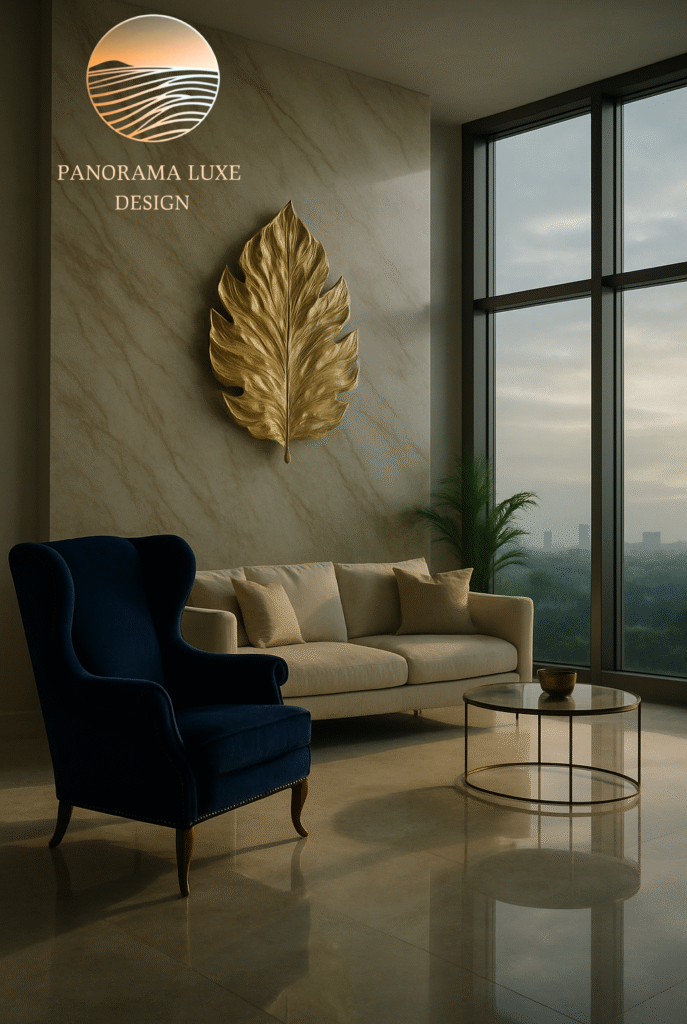 Luxury living room with marble feature wall, gold leaf art, blue velvet chair, and beige sofa.