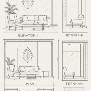 Architectural drawing set of a luxury living room with furniture, decor, and dimensions.