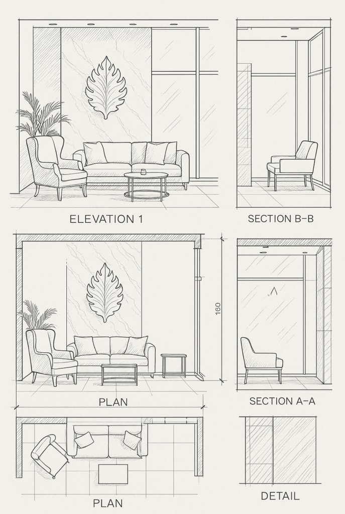 Architectural drawing set of a luxury living room with furniture, decor, and dimensions.