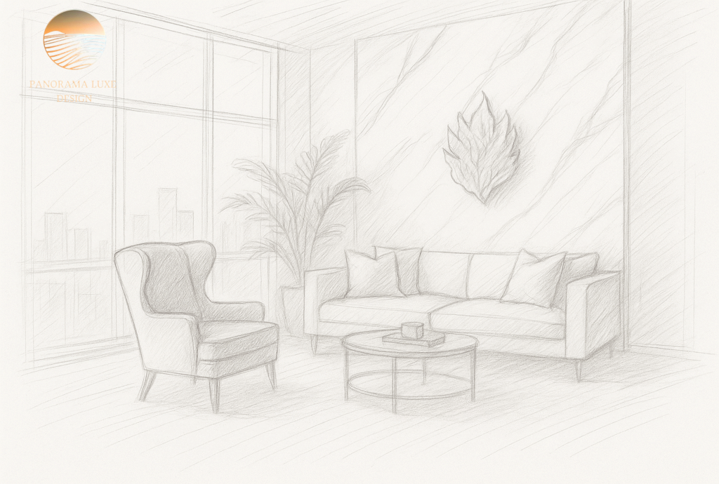 Pencil sketch of luxury living room featuring blue chair, beige sofa, gold leaf decor, and tall windows