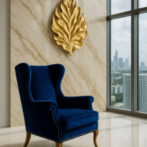 Blue velvet chair in front of a marble wall with gold leaf decor, city skyline in the background.