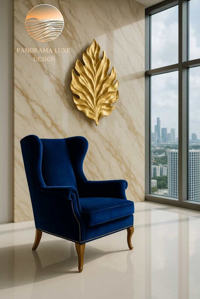 Blue velvet chair in front of a marble wall with gold leaf decor, city skyline in the background.