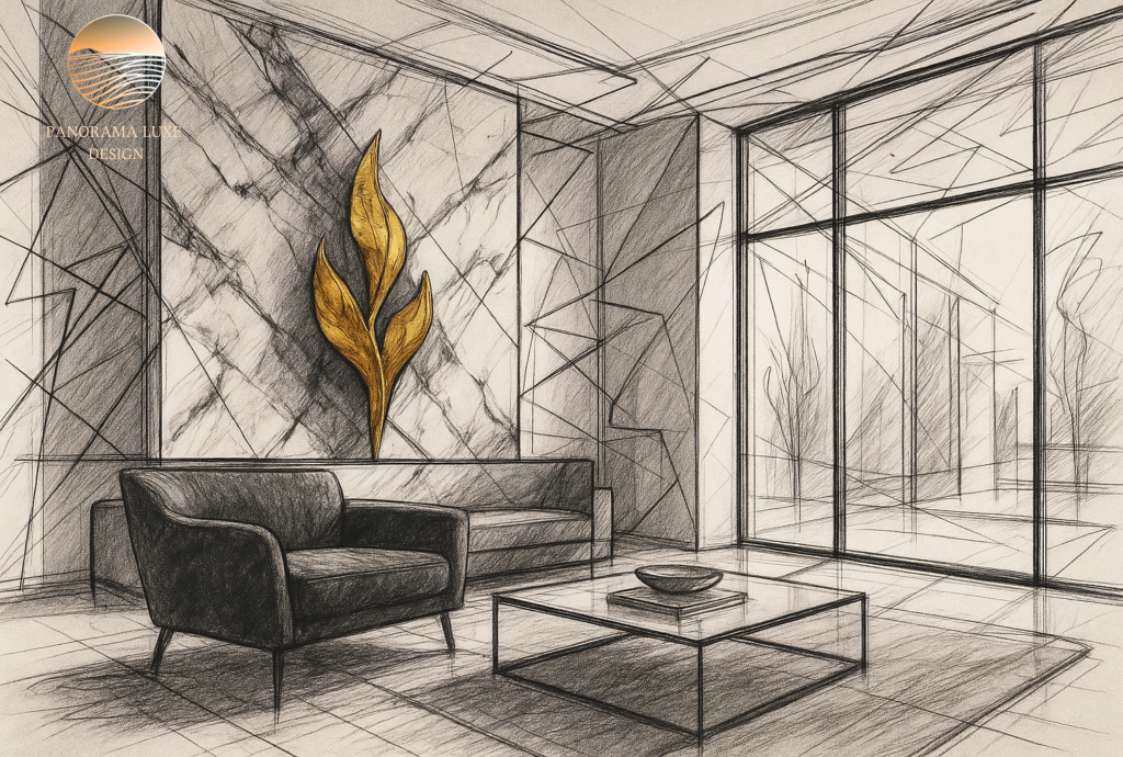 Abstract sketch of modern living room with marble wall, gold leaf sculpture, and luxury furniture.