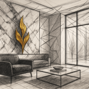 Abstract sketch of modern living room with marble wall, gold leaf sculpture, and luxury furniture.