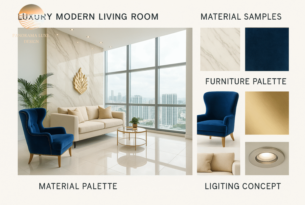 Design board with living room photo, material samples, lighting detail, and furniture palette.