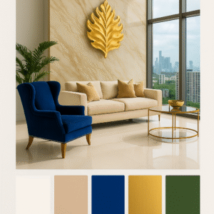 Interior mood board with luxury living room photo and coordinated color swatches.
