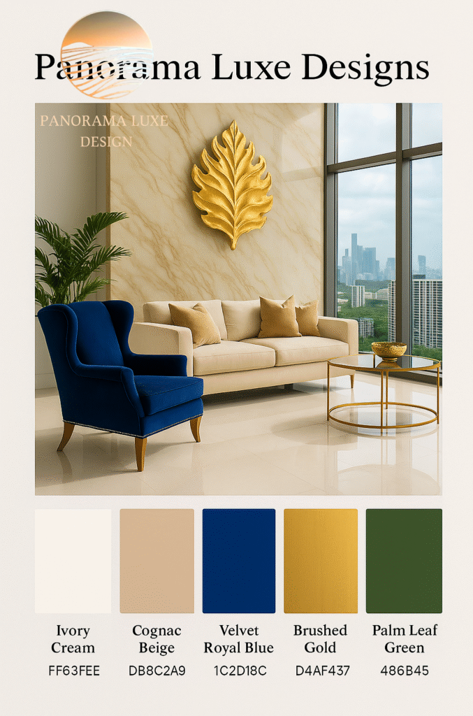 Interior mood board with luxury living room photo and coordinated color swatches.