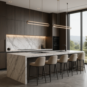 Modern kitchen with marble island and wood cabinetry.
