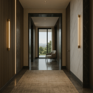 Hallway with ambient lighting, marble wall panels, and a chair by a window.