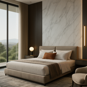 Neutral-toned bedroom with marble accent wall and large window.