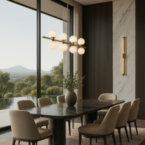 Dining room with large windows and modern chandelier.