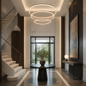 Entrance hall with sculptural lighting and central round table.