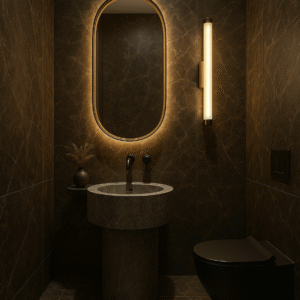 Small bathroom with dark stone finishes and soft lighting.