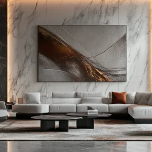 Luxury living room with marble accent wall, abstract art, and modern seating.