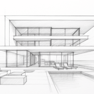 Architectural sketch of a modern three-story beachfront villa with pool and terraces.