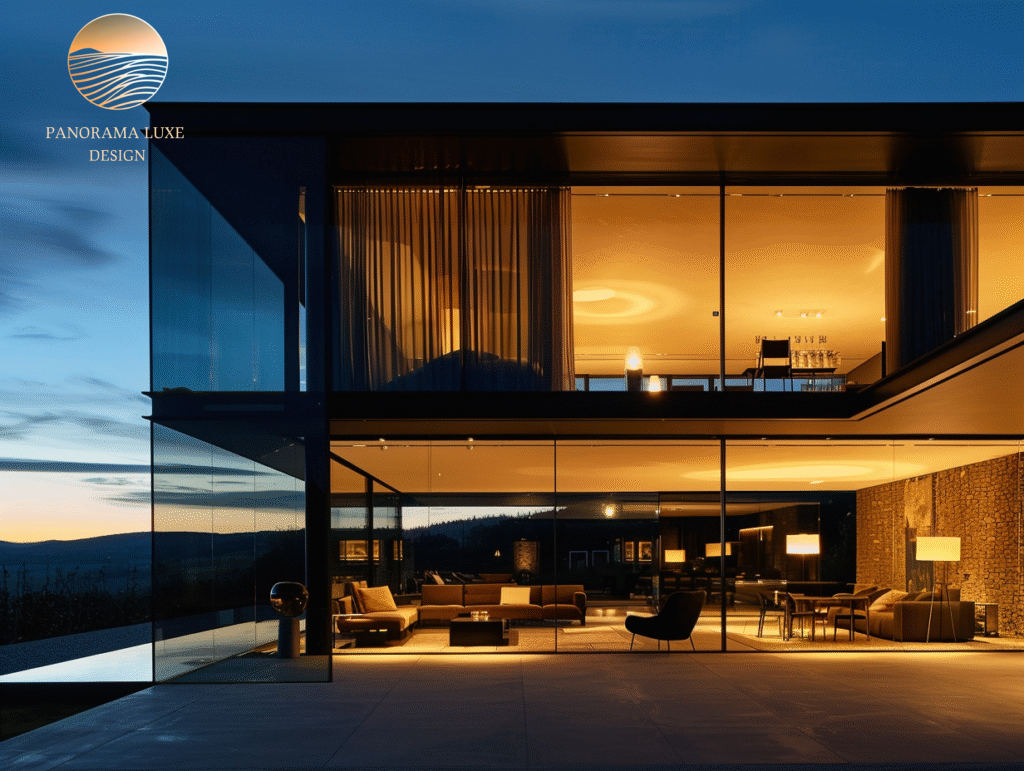 Modern glass house overlooking scenic landscape at sunset
