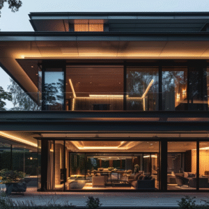 Elegant modern home with illuminated interiors and minimalist design