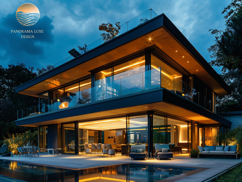 Modern luxury villa with glass walls and pool at dusk