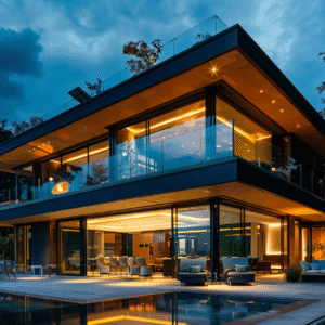 Modern luxury villa with glass walls and pool at dusk