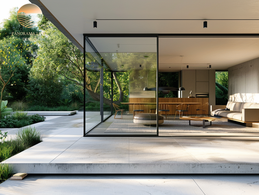 Modern home interior with open glass walls and garden landscape