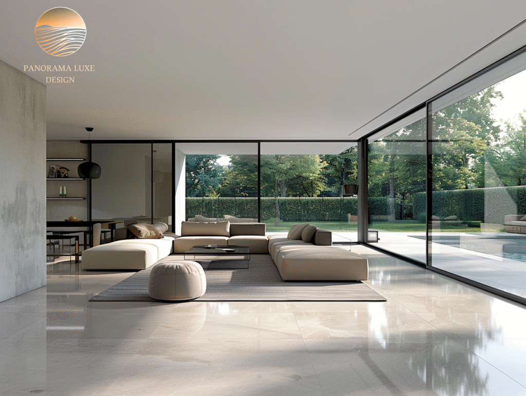 Modern minimalist living room with poolside view and glass walls