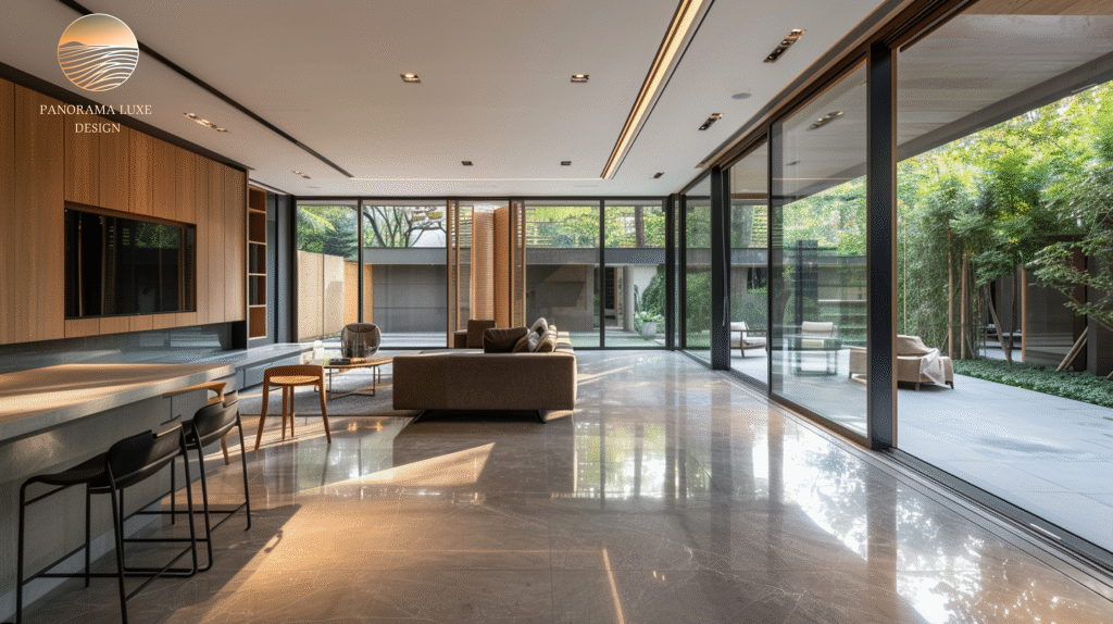 Minimalist open-plan living room with garden view