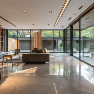 Minimalist open-plan living room with garden view