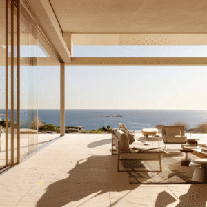 Modern open-plan home overlooking the ocean.