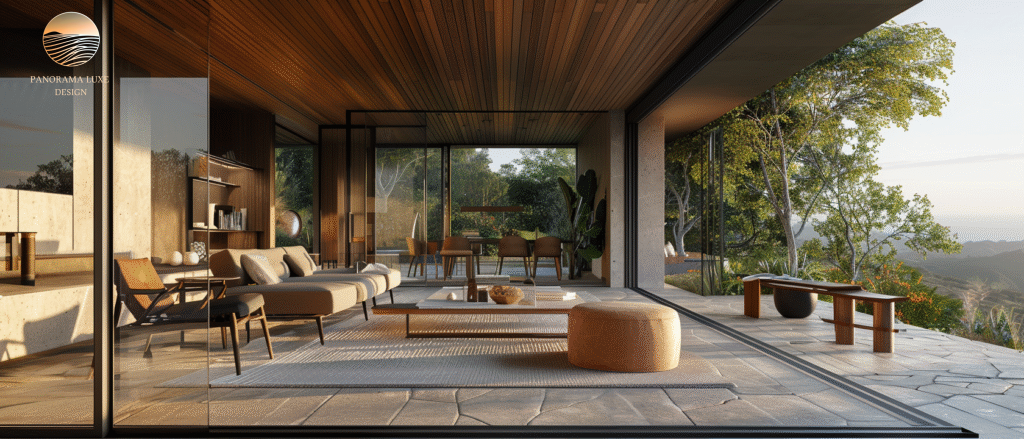 Modern villa interior with wood ceiling and open glass walls.