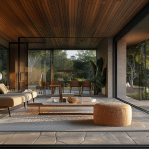 Modern villa interior with wood ceiling and open glass walls.