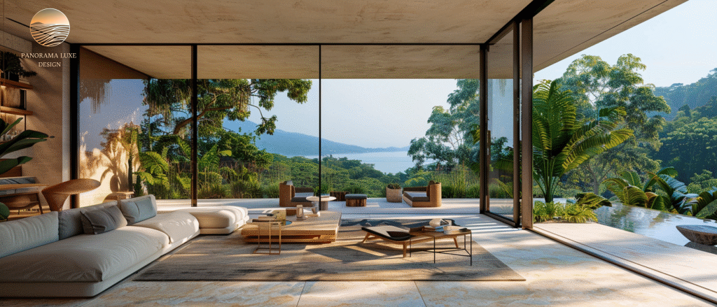 Open living room with panoramic ocean view and lush greenery.