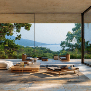 Open living room with panoramic ocean view and lush greenery.