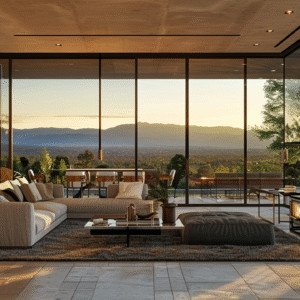 Modern living room with glass walls overlooking sunset and mountains.