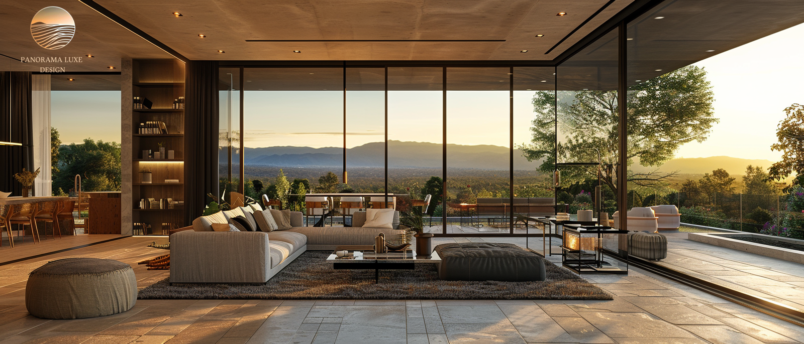 Modern living room with glass walls overlooking sunset and mountains.