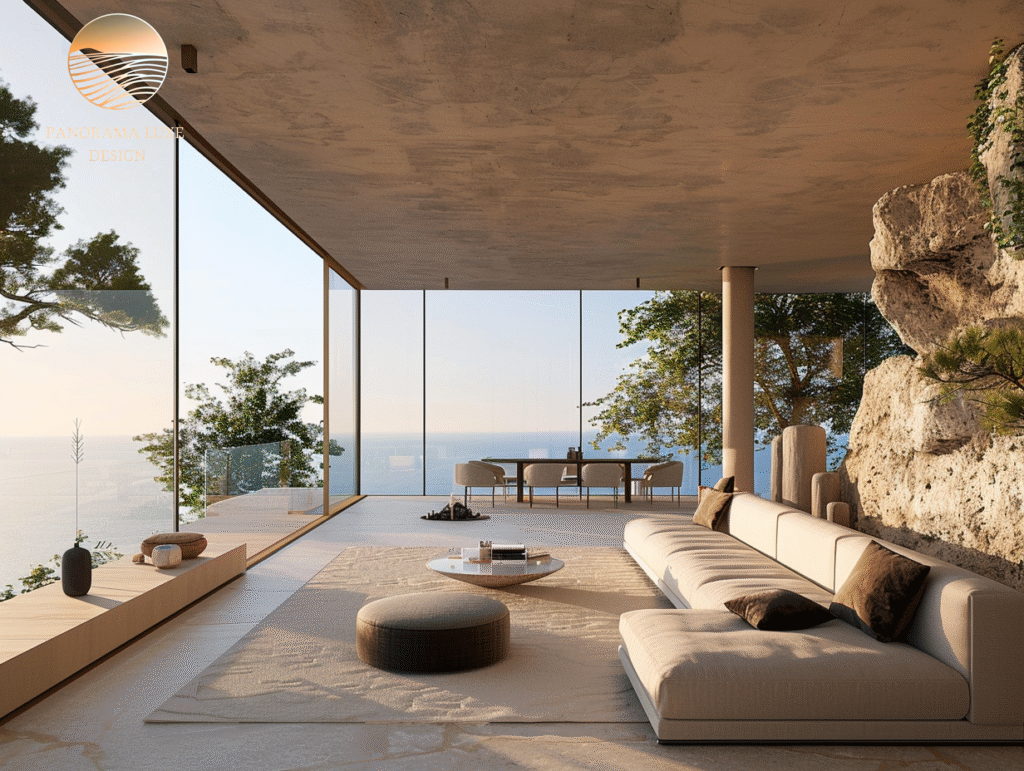 Minimalist living room with mountain and forest views.