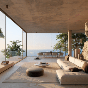 Minimalist living room with mountain and forest views.