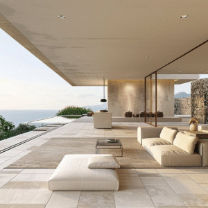 Minimal living space built into a cliff with glass walls and sea view.