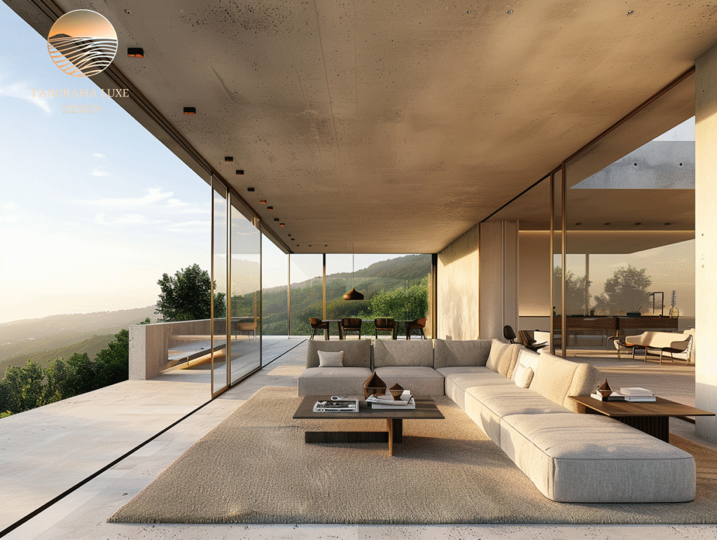 Elegant home interior with floor-to-ceiling glass and mountain scenery.