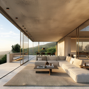 Elegant home interior with floor-to-ceiling glass and mountain scenery.